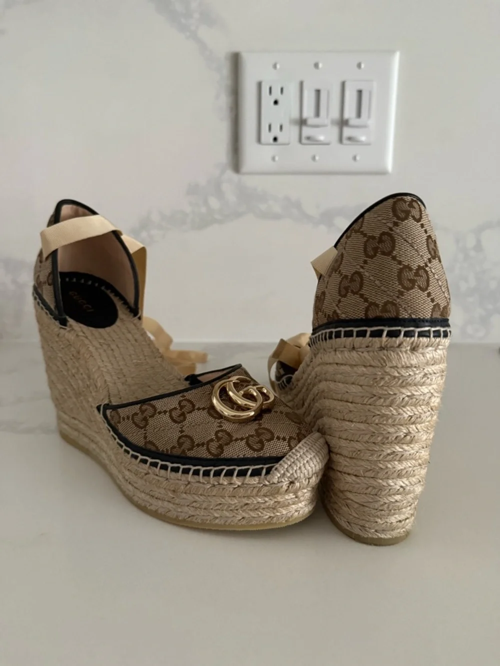 Gucci Brown GG Canvas Wedge Espadrille with Gold Logo